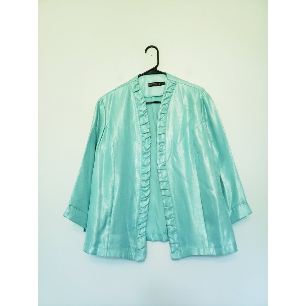 Picadilly Womens L Jacket Open Front Ruffle Blue Sea Aqua Shiny $104 Formal NWT